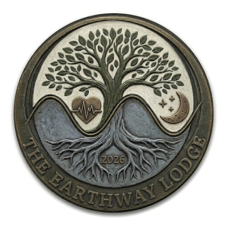 The Earthway Lodge medallion — a tree above and roots below, divided by a sine wave, with a heart and ECG trace on one side and a moon and stars on the other.